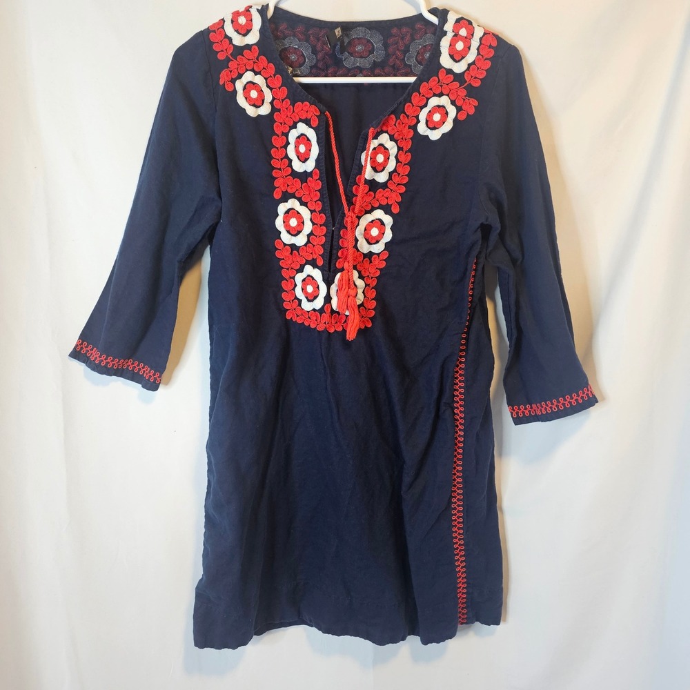 J.Crew Tunic Top XS Navy Blue Boho Embroidered Floral Linen Blend Tassel Tie